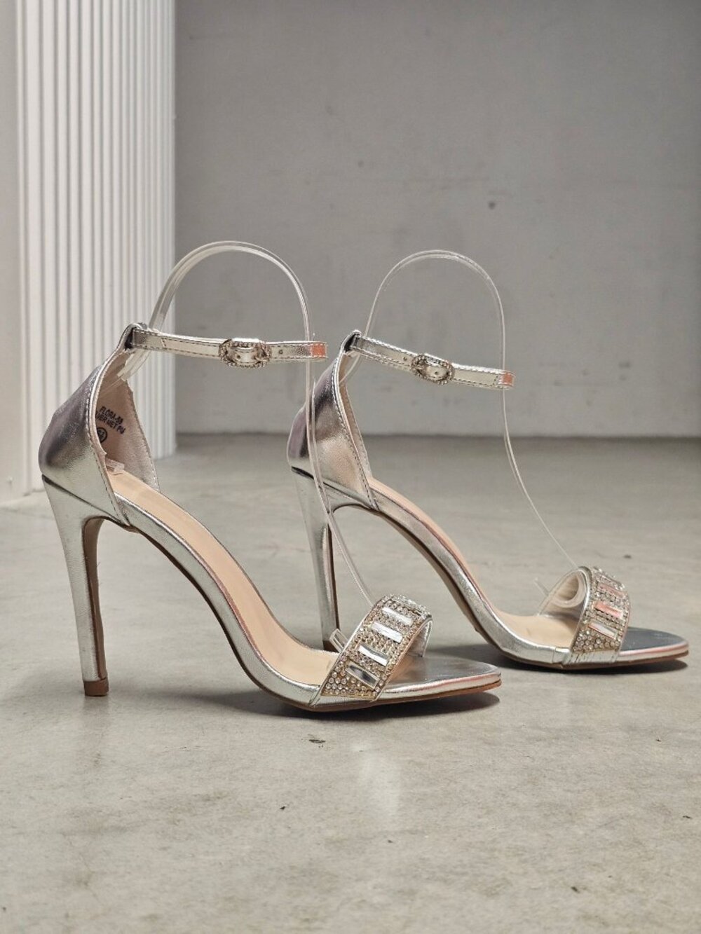 Crystal Embellished Silver High Heel Sandals With Ankle Strap Closure For Women